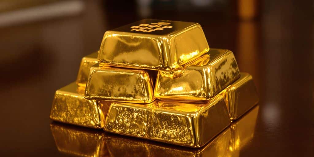 Lingots d'or brillants sur un bureau professionnel élégant.