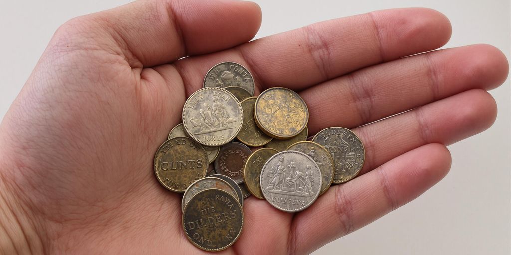 Une main tenant plusieurs pièces de monnaie anciennes.