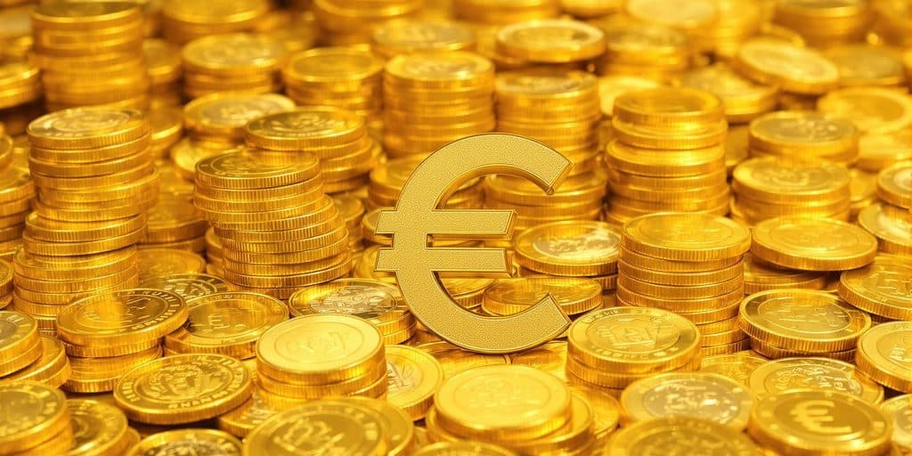 Le symbole de l'euro se transforme en pièces d'or scintillantes.