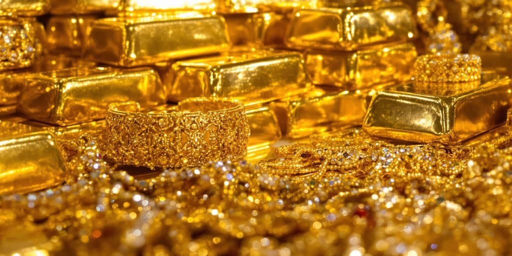 Lingots d'or et bijoux traditionnels indiens scintillants.