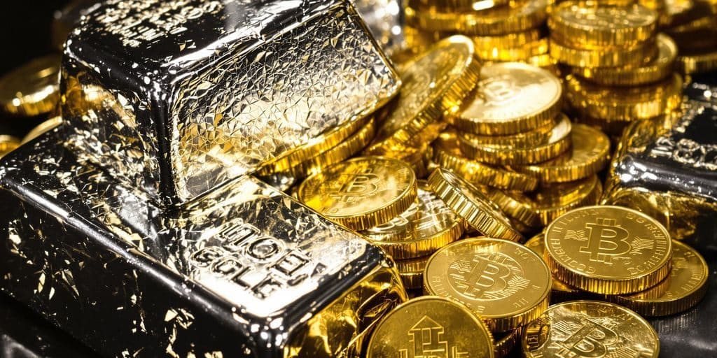 Lingots d'argent et pièces d'or étincelants sur un fond sombre.