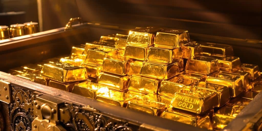 Lingots d'or pur dans un coffre ouvert.