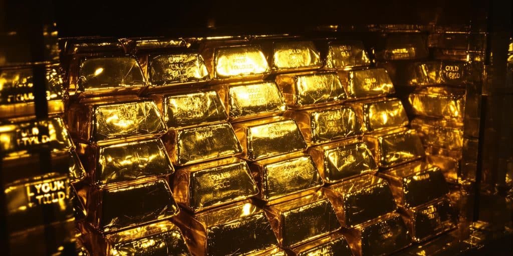 Lingots d'or empilés dans une chambre forte.