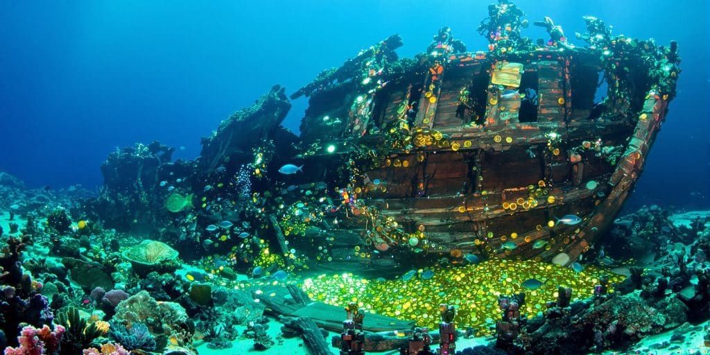 Trésors d'épaves sous-marines et artefacts archéologiques brillants.