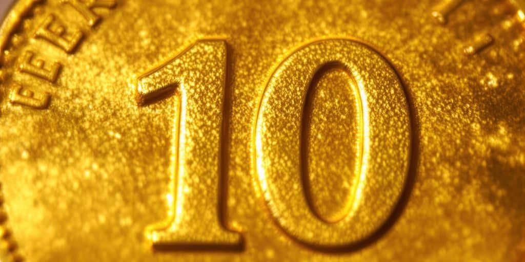Pièce d'or de dix dollars américain sur un fond neutre.