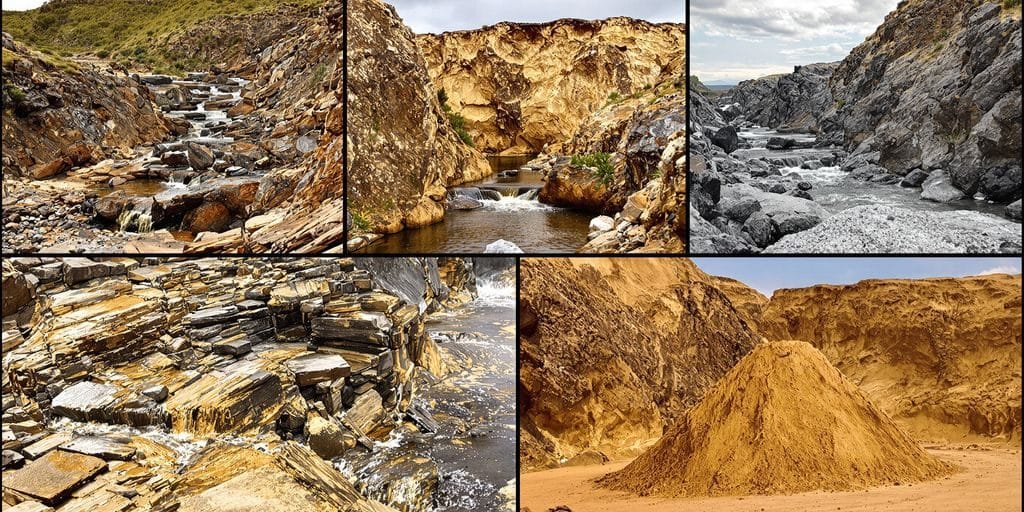 Paysages de mines d'or historiques et de ruisseaux scintillants.
