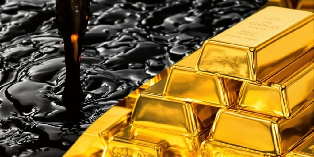 Pétrole brut coulant, lingots d'or brillants.