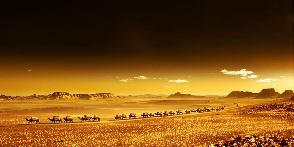 Route de la soie et caravane d'or dans le désert.