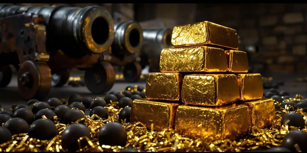 Lingots d'or et pièces d'artillerie rouillées sur fond sombre.