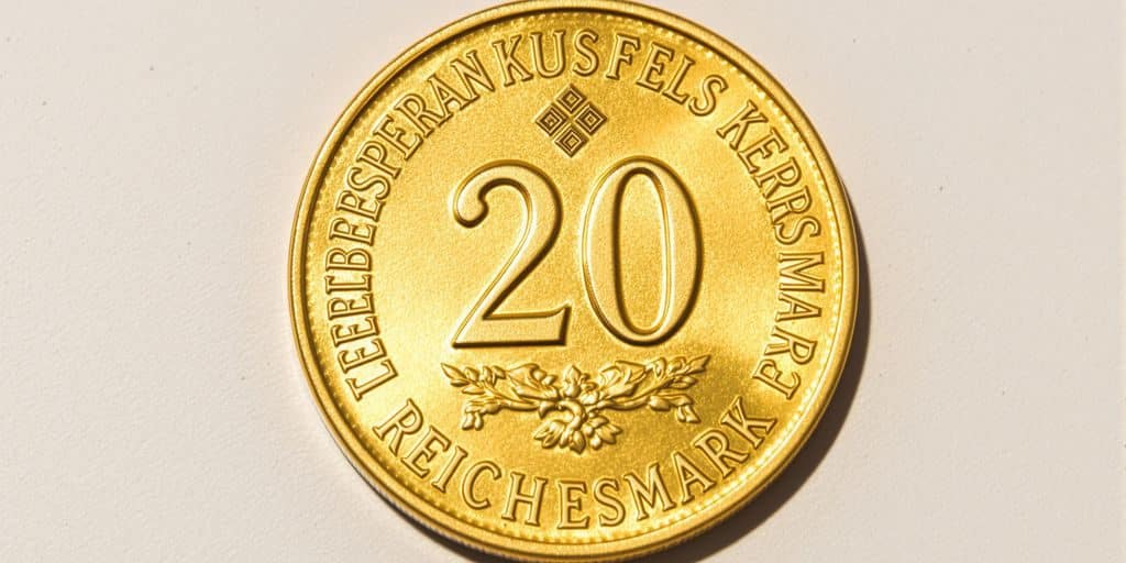 Une pièce dorée de 20 Reichsmark, gros plan.