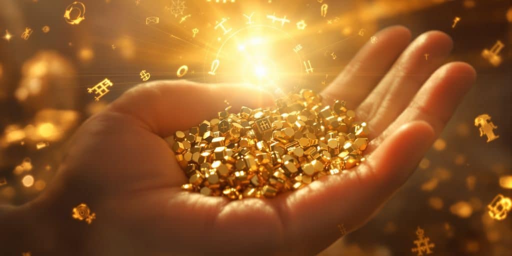 L'or brille dans une main, entouré de symboles religieux anciens.