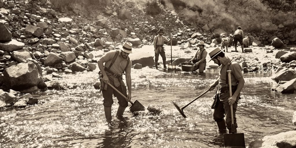 Prospecteurs d'or creusant dans une rivière rocailleuse.