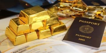 Lingots d'or et passeport sur une table.