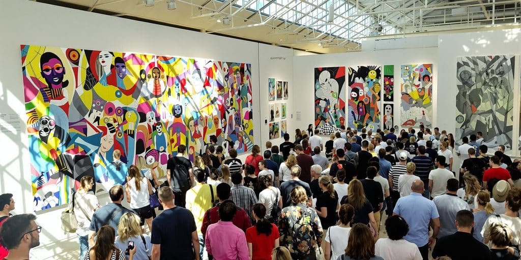 Des gens admirant une grande peinture