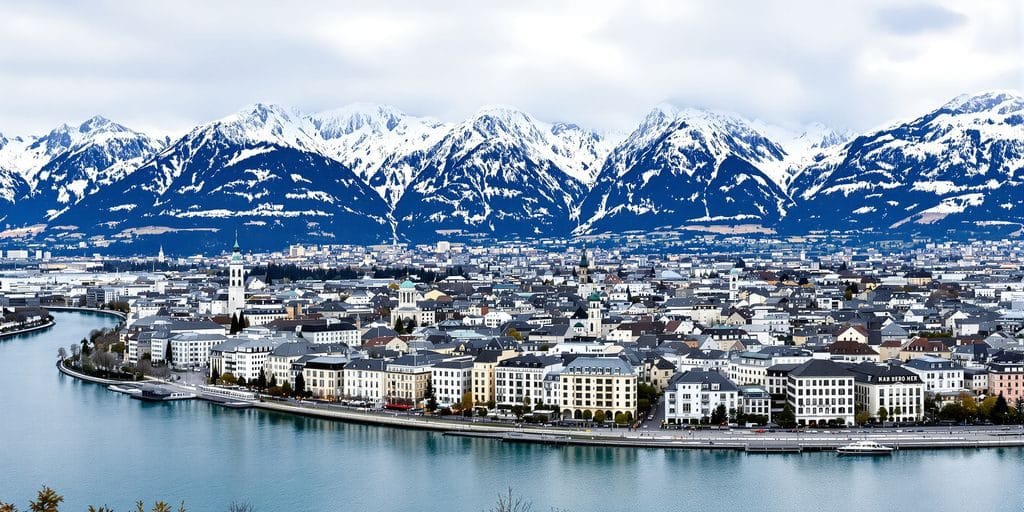 Paysage urbain suisse avec des montagnes et un fleuve.