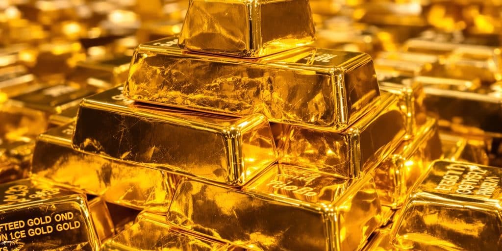 Une pile d'or brille sous une lumière vive.