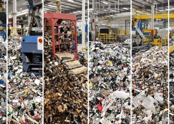 Montage de différents matériaux recyclés dans une usine.