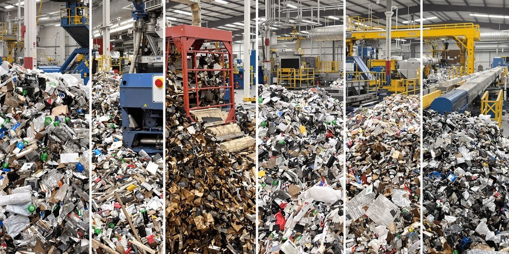 Montage de différents matériaux recyclés dans une usine.