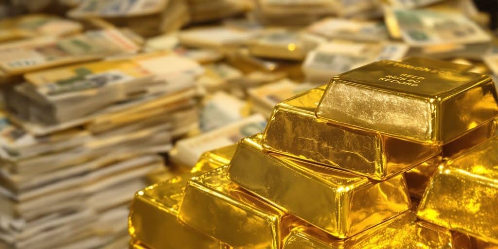 Pile d'or sur fond de billets allemands anciens.