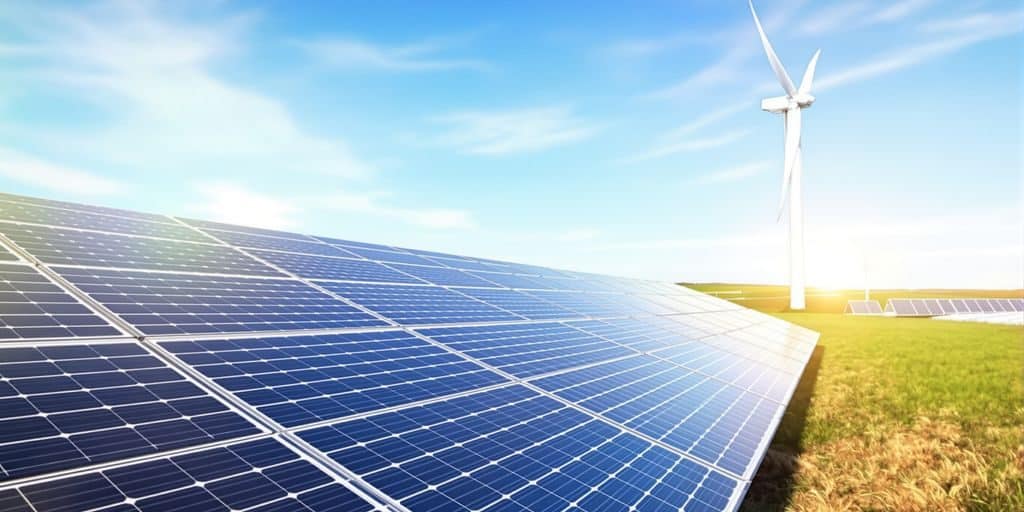 Panneaux solaires et éoliennes dans un paysage ensoleillé.
