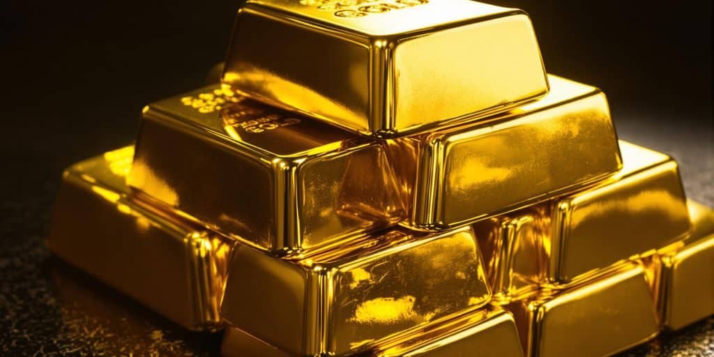 Lingots d'or sur fond sombre, reflétant la lumière.