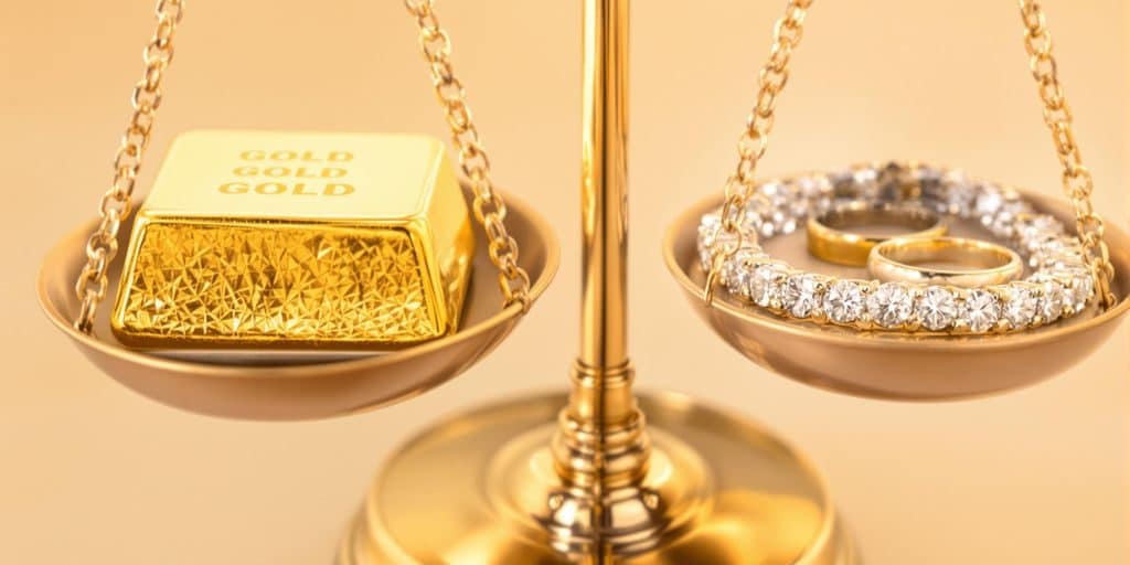 Une balance dorée avec des bijoux et des lingots.