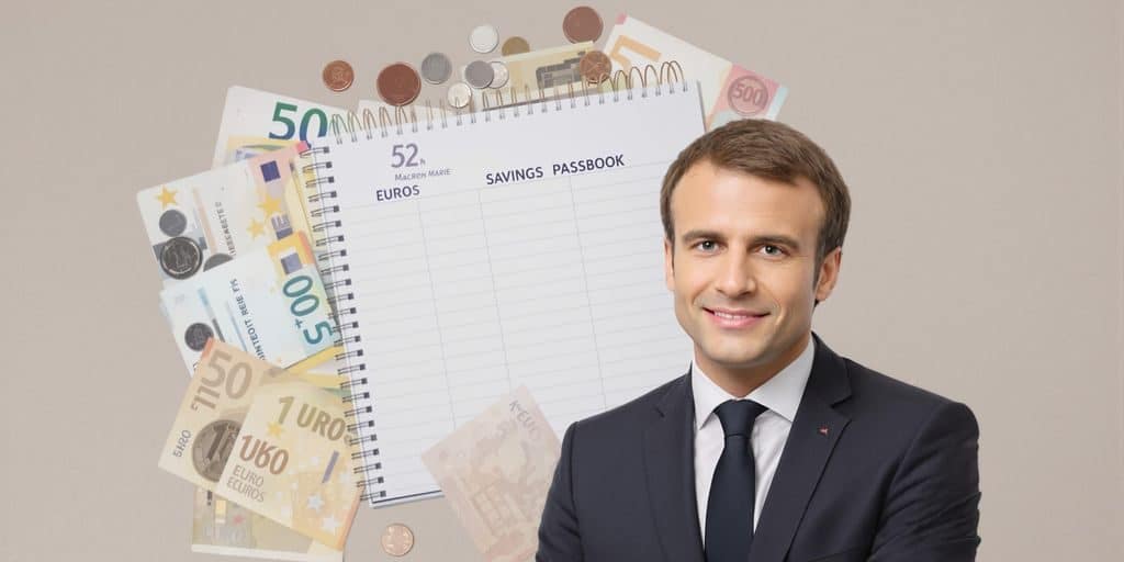 Emmanuel Macron, un livret A, et des billets de banque.