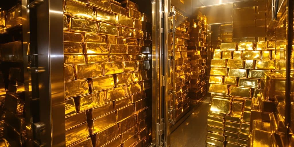 Lingots d'or empilés dans une chambre forte.