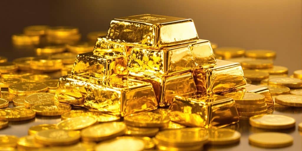 Lingots d'or brillants et pièces d'or empilées.