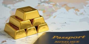 Lingots d'or et passeport sur fond de carte du monde.