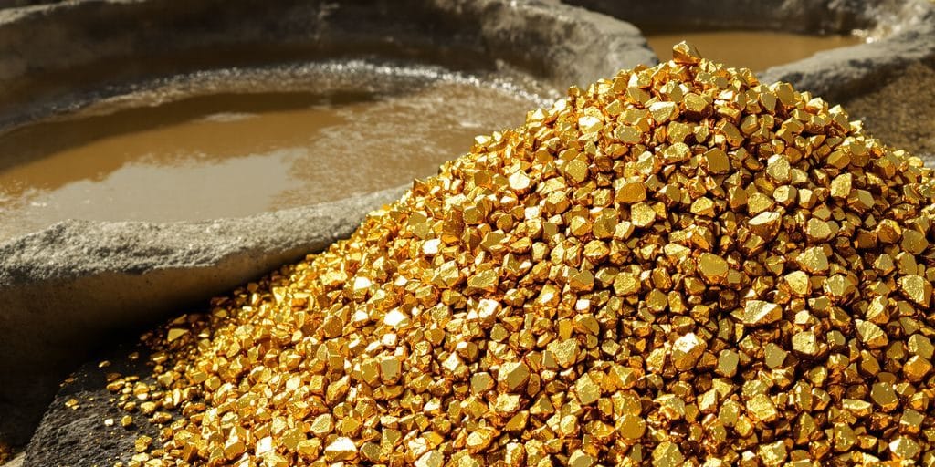 Bacs de cyanure à côté de tas d'or