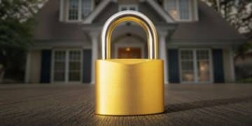 Une maison avec un cadenas doré devant.