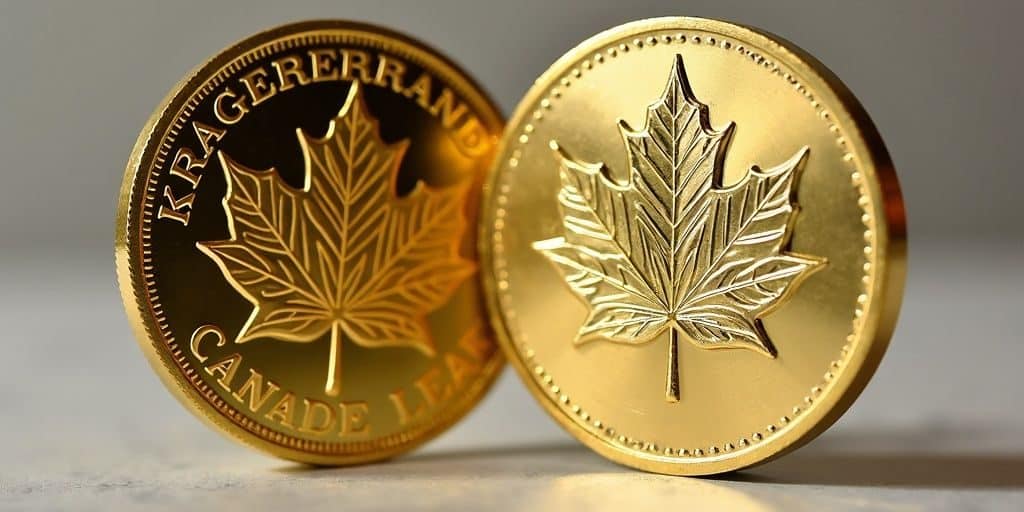 Pièces d'or Krugerrand et Maple Leaf côte à côte.