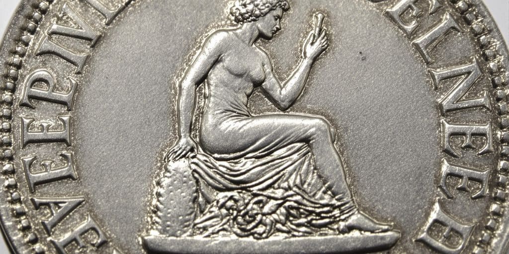 Gros plan sur une pièce de 5 francs Semeuse en argent.