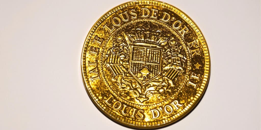 Une pièce d'or Louis d'Or brillante sur un fond neutre.