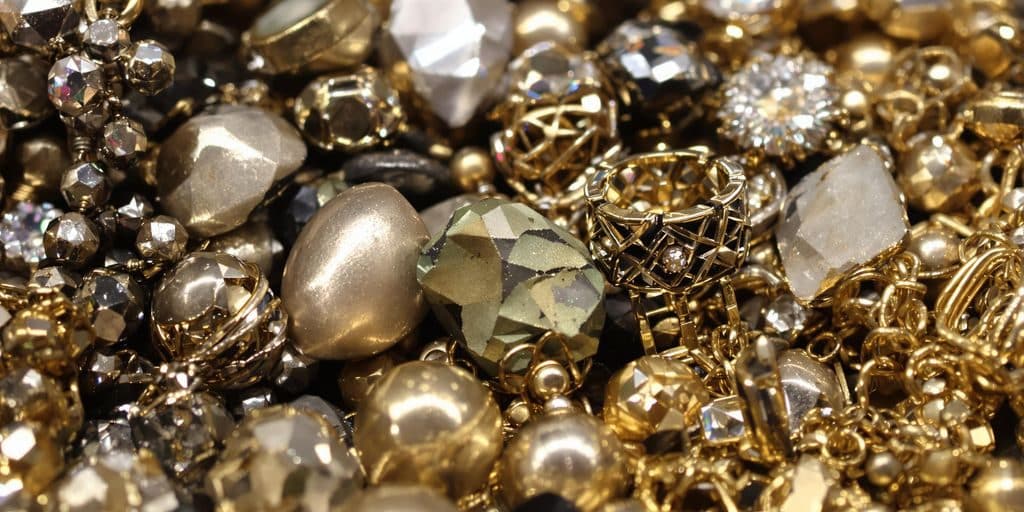 Bijoux brillants et faux bijoux sur un fond sombre.