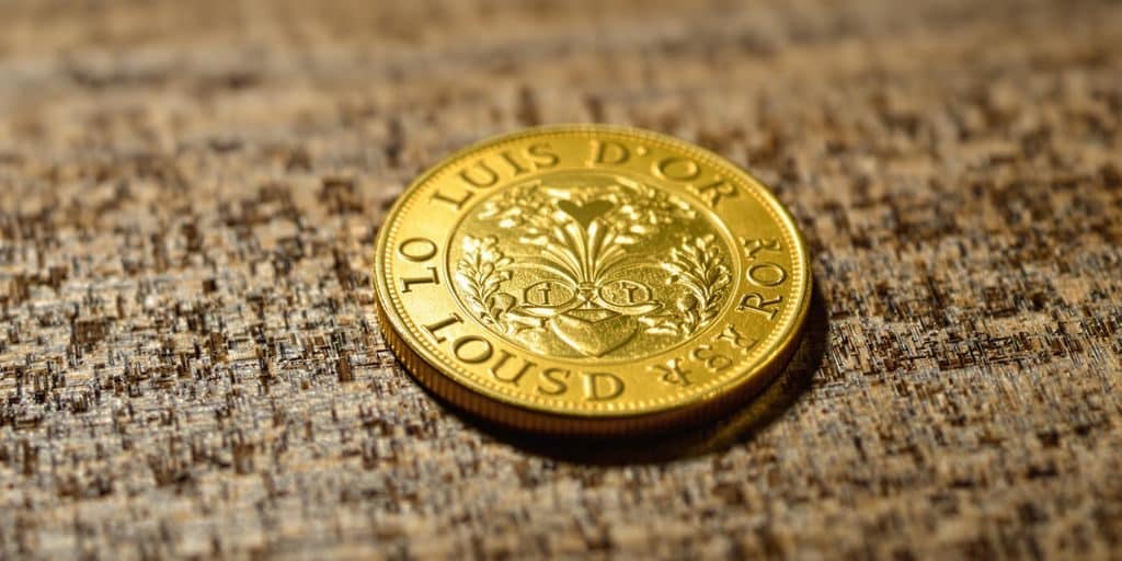 Un Louis d'or posé sur une table en bois.