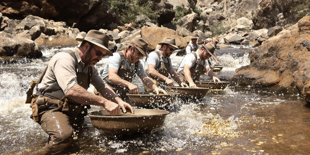Prospecteurs creusant dans une rivière rocheuse.