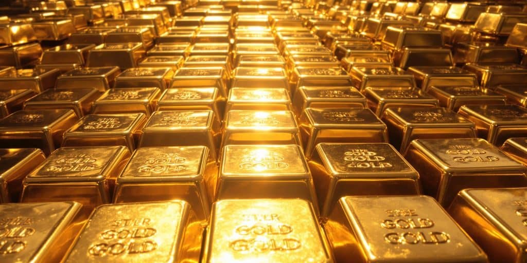 Lingots d'or brillants empilés, reflétant la lumière.