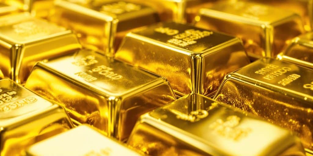 Lingots d'or brillants dans une lumière dorée.