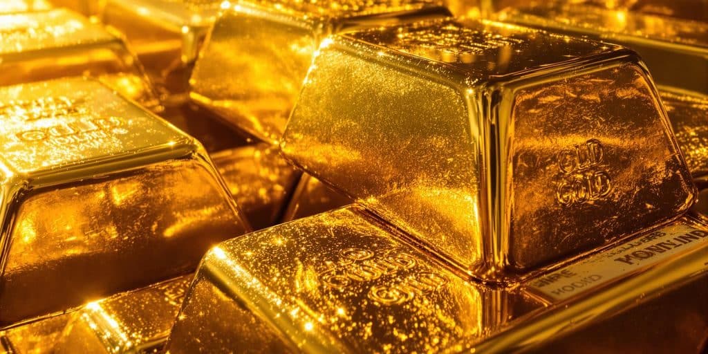 Lingots d'or brillant sous une lumière dorée.