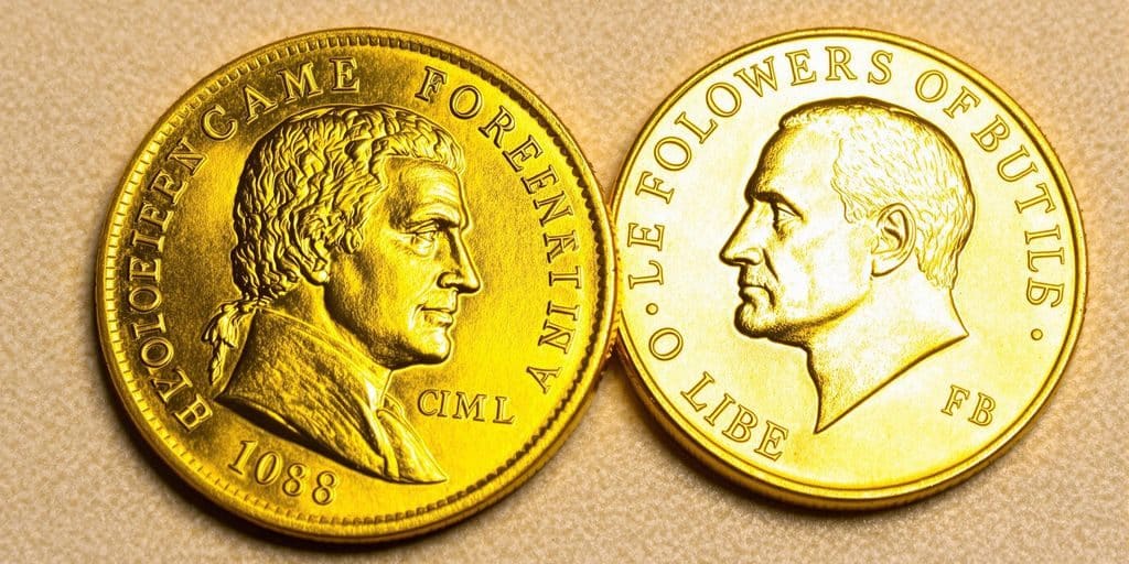 Deux pièces d'or côte à côte, une américaine et une française.