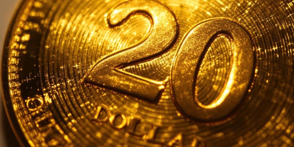 Une pièce d'or de 20 dollars brillamment éclairée.