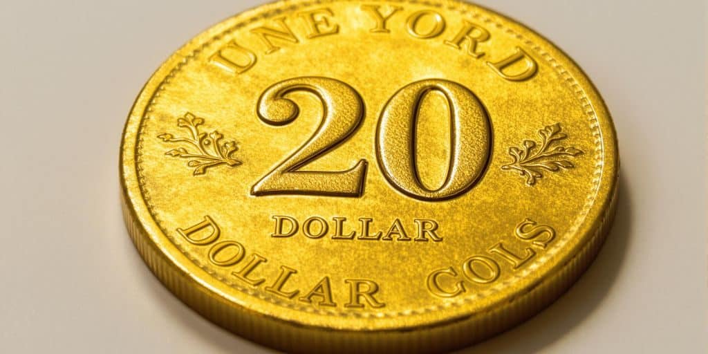 Pièce d'or de 20 dollars américains, gros plan.