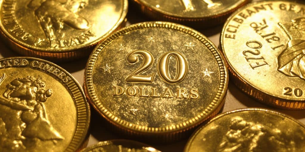 Pièces d'or historiques scintillantes, gros plan sur le 20 dollars.
