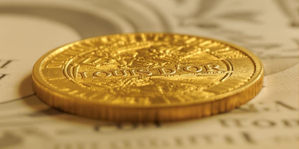 Une pièce d'or Louis d'Or sur un fond flou.