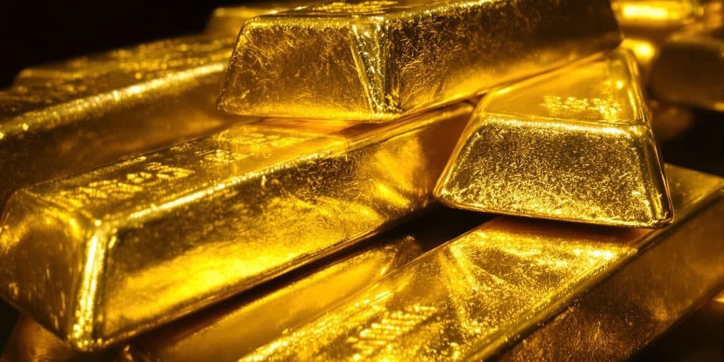 Lingots d'or brillants sous un éclairage dramatique.