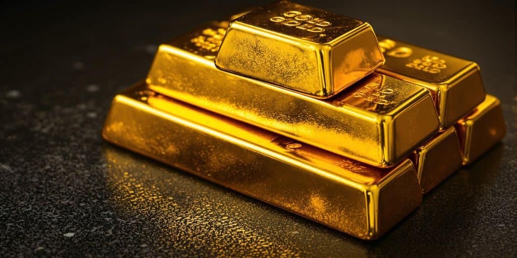 Lingots d'or brillants sur un fond sombre.