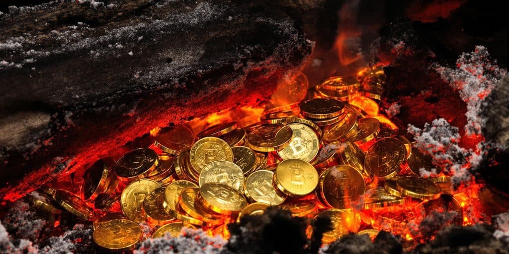 Pièces d'or incandescentes dans des décombres fumants.