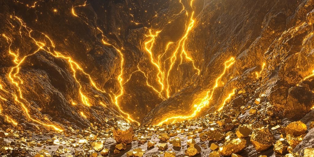 Mines d'or étincelantes, montagnes dorées, pépites brillantes.